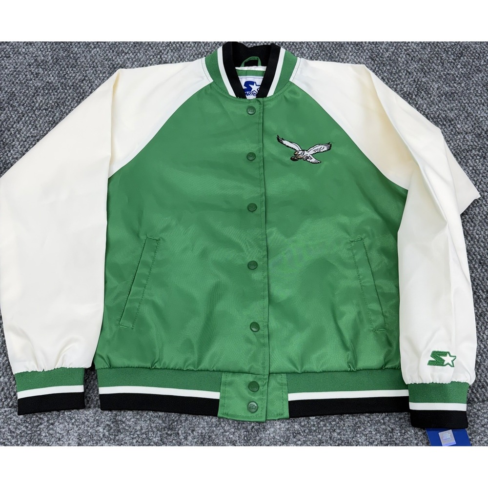 Philadelphia Eagles Women's Medium STARTER Kelly Green Snap Varsity Jacket - New